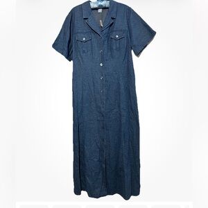 Great Northwest Dress 16 Denim With Subtle Leaf Print Modest Button Up Maxi NWT